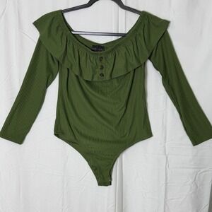 Discreet Olive Green Ribbed Off The Shoulder Ruffle Bodysuit Long Sleeve Large